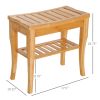 Long Bamboo Shower Bench Seat, 20" Wooden Spa Shower Stool with Underneath Storage Shelf Shoe Organizer