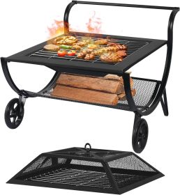 31-Inch steel outdoor square wood burning fire pit with wheels,fireplace for BBQ (Color: Black)